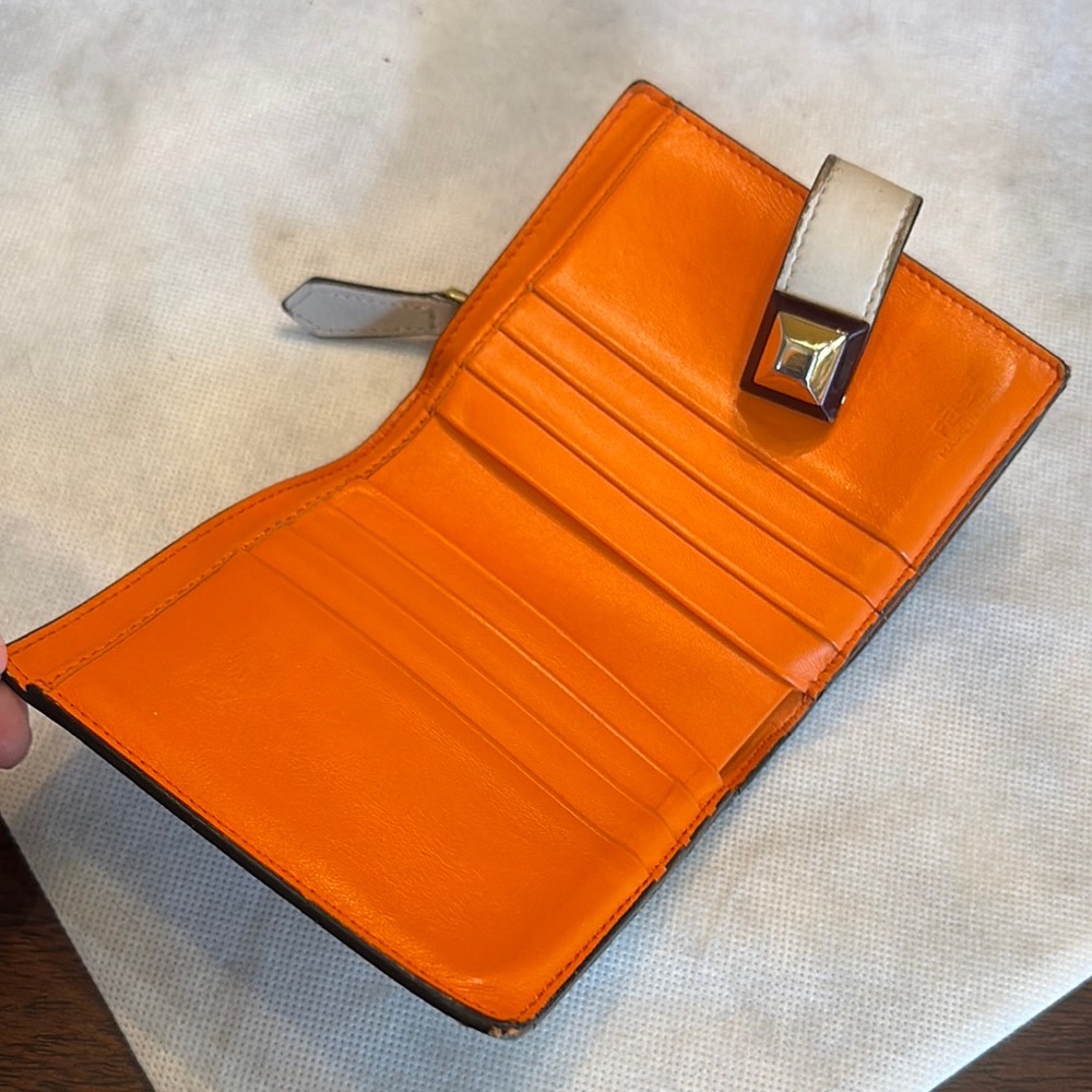 Fendi Orange color block Leather Fold over Wallet Gold tone sturdy snap close